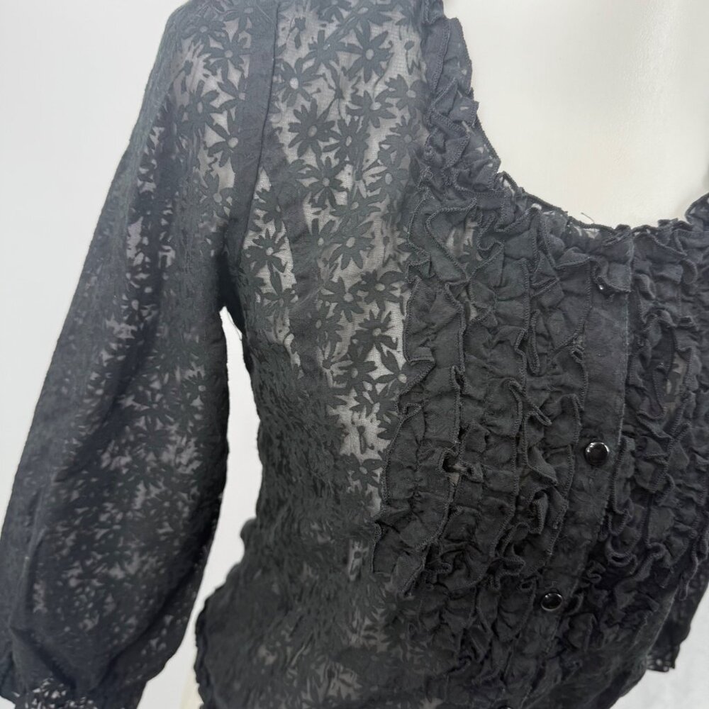 Tribeca Black Sheer Floral Ruffle Button-Up Blouse 3/4 Sleeve Womens S